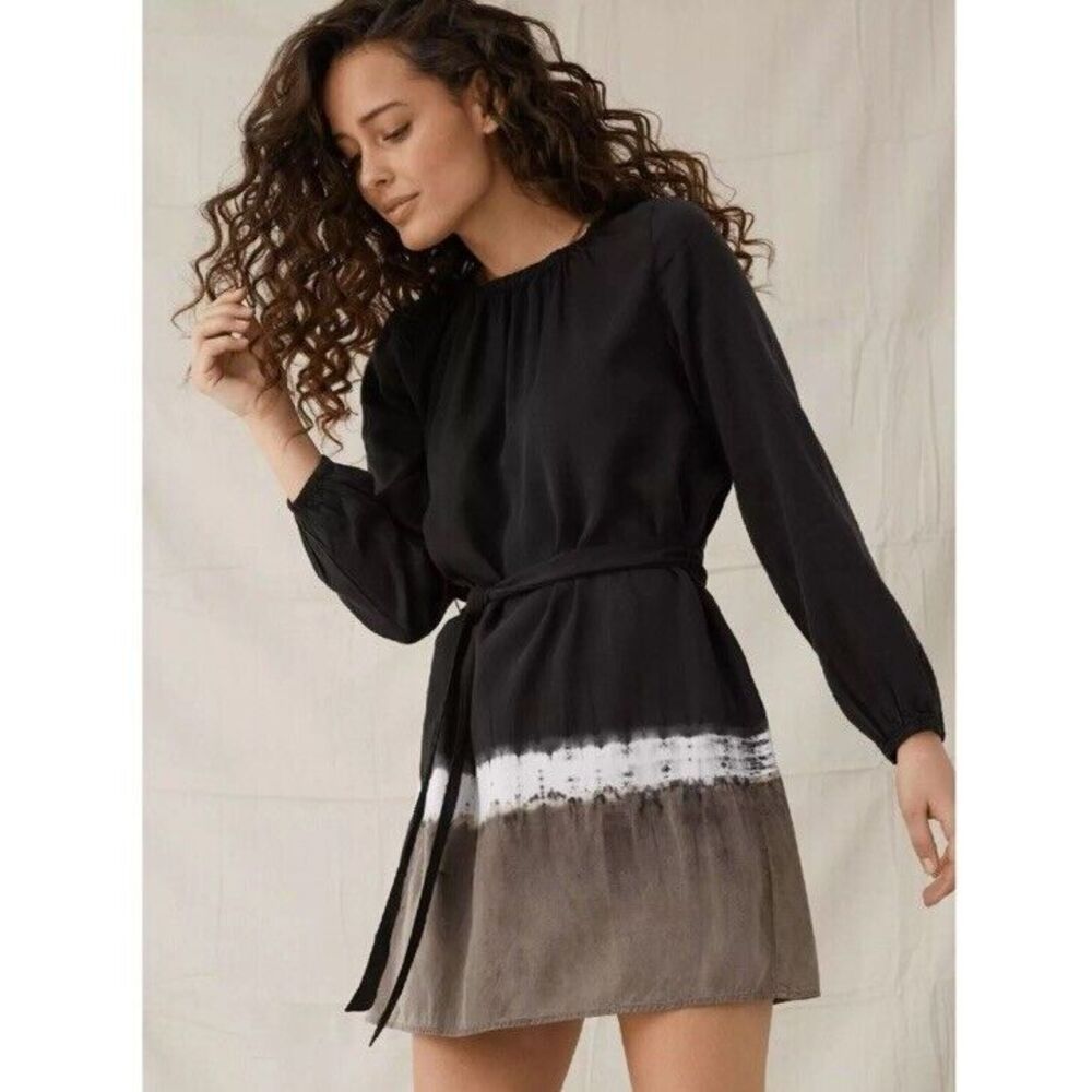 Bella Dahl Bishop Sleeve Ruffle Hem Dress in Black Concrete Stripe Dye Sz S NWT